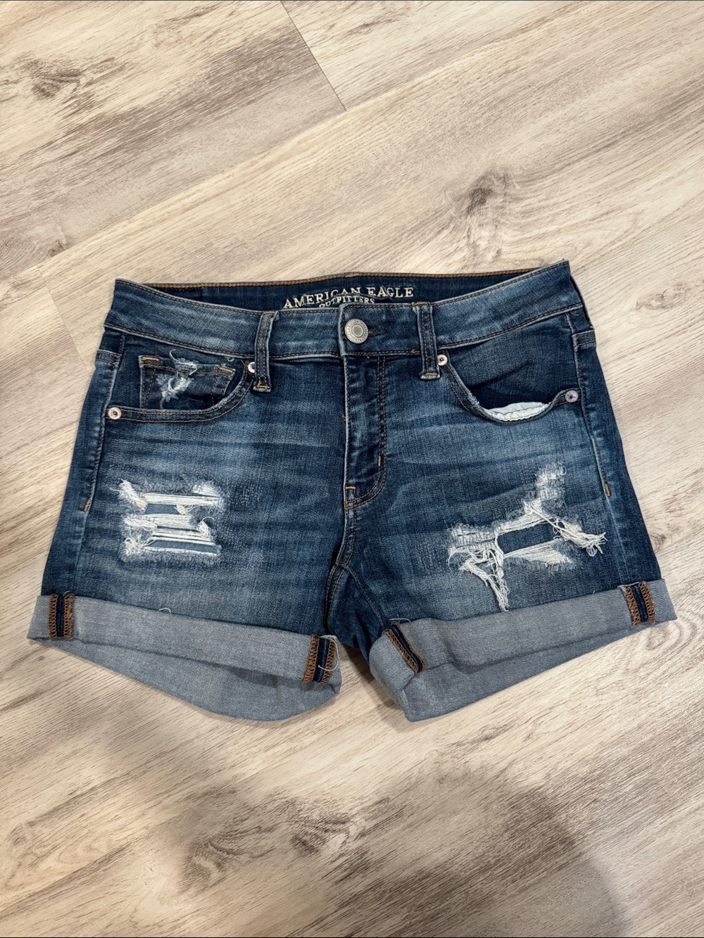 American Eagle Outfitters Dark Wash Distressed Denim Roll-Cuff Shorts
